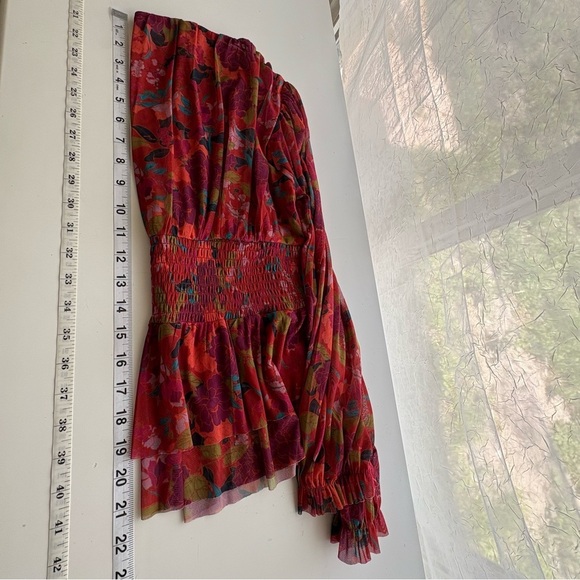 DR2 Daniel Rainn Mesh Floral Babydoll Top Sz. XS Orange Red Peplum Smocked Y2K - Picture 9 of 12